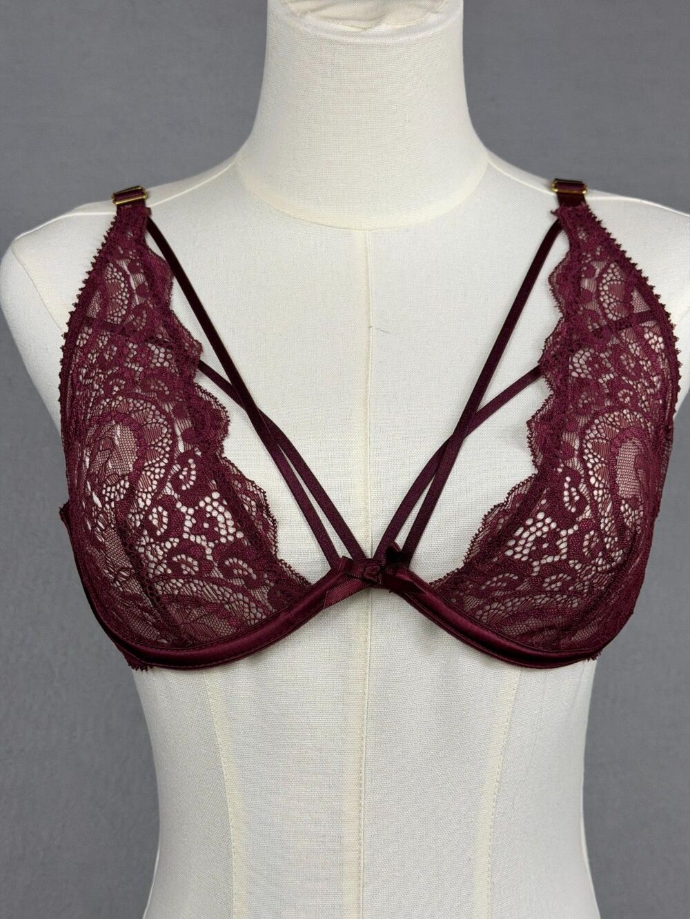 Oh La La Cheri Burgundy Strappy Lace Underwire Bra Sheer S/M Lingerie